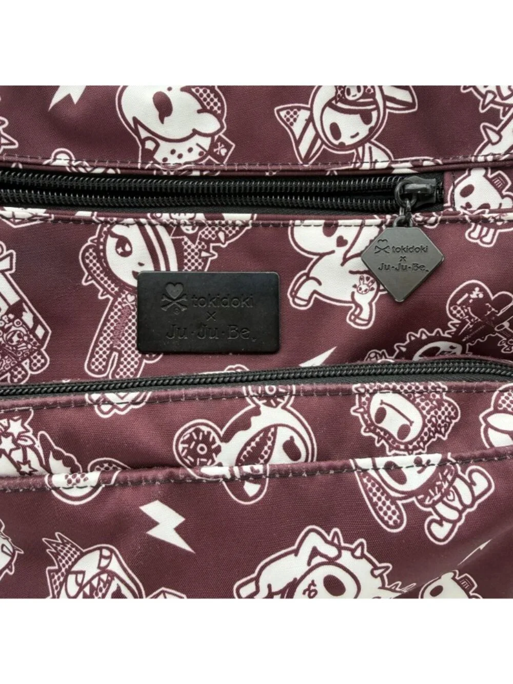 TokiDoki X JuJuBe Queens Court diaper bag maroon white zippered backpack